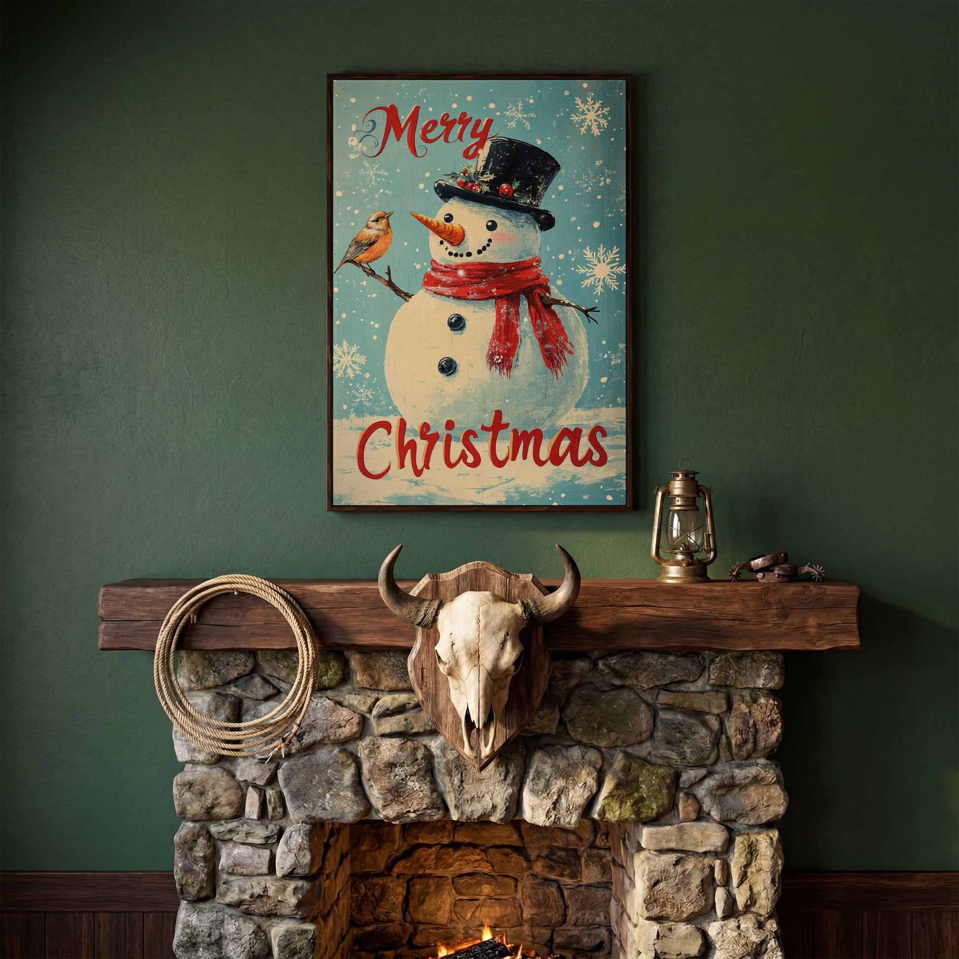Festive Snowman with Bird Canvas Print in dark walnut floating frame