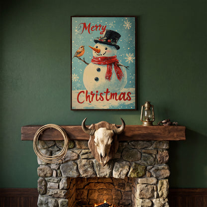 Festive Snowman with Bird Canvas Print in dark walnut floating frame