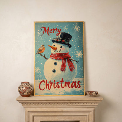 Festive Snowman with Bird Canvas Print in white oak floating frame