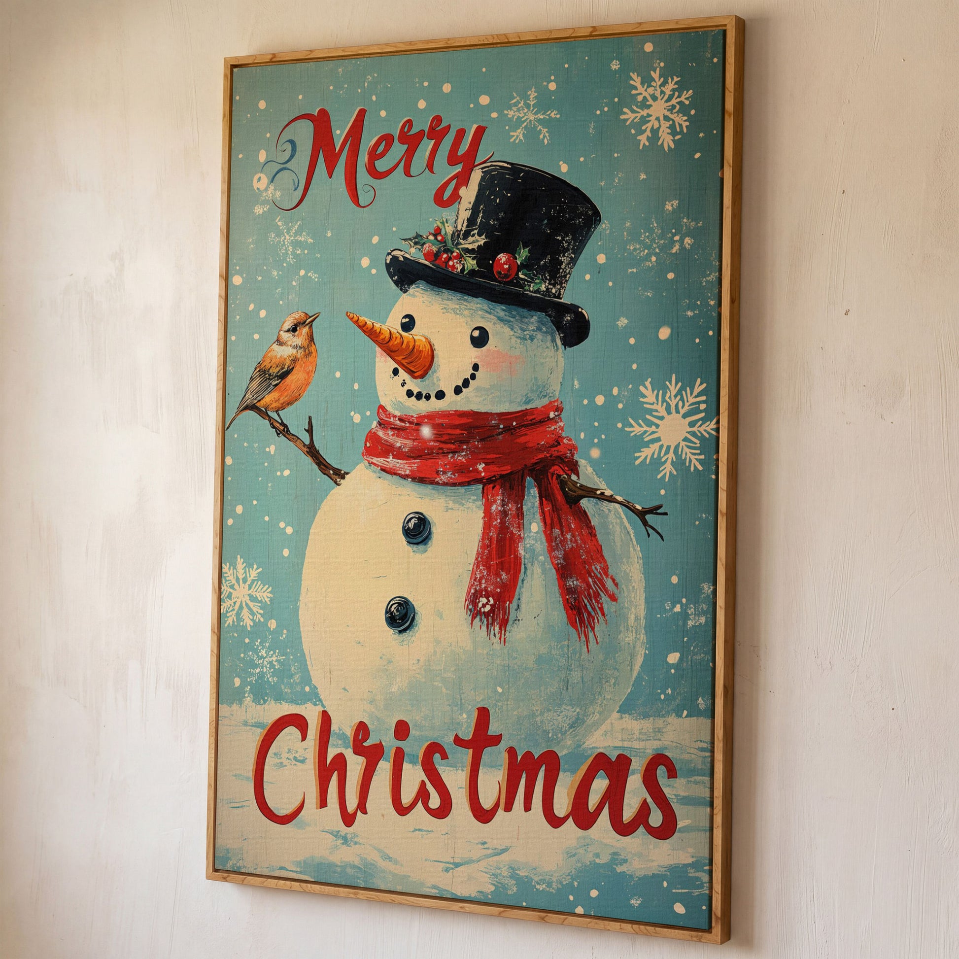 Festive Snowman with Bird Canvas Print shown in white oak floating frame