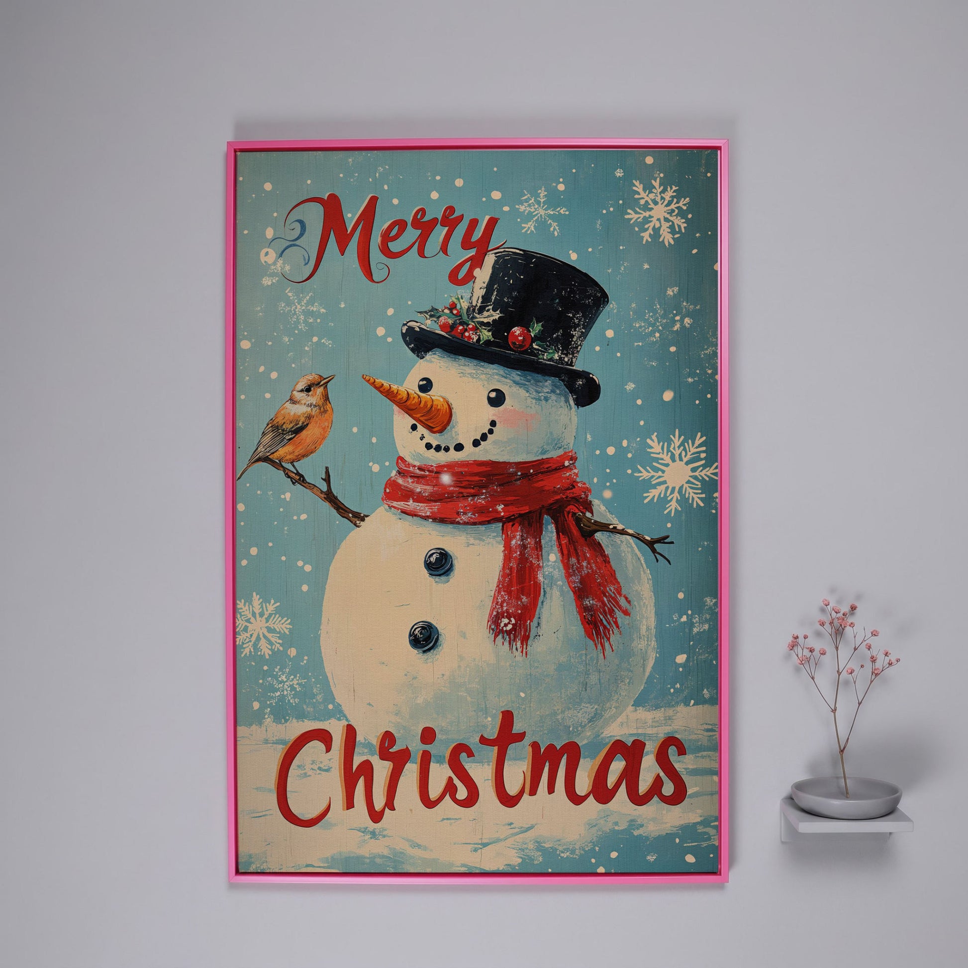 Festive Snowman with Bird Canvas Print in pink floating frame