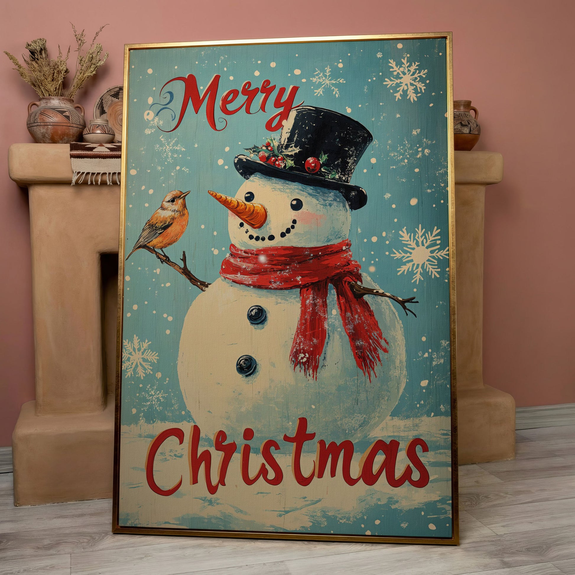 Festive Snowman with Bird Canvas Print in rose gold floating frame