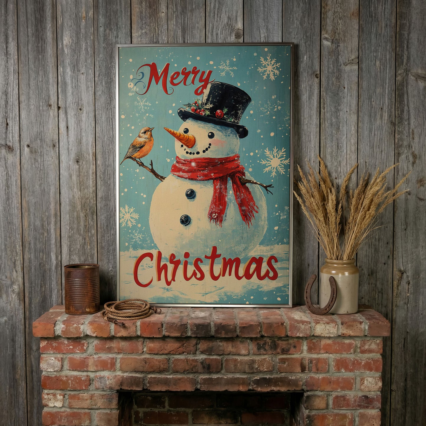 Festive Snowman with Bird Canvas Print in silver floating frame