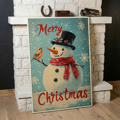 Festive Snowman with Bird Canvas Print in white floating frame