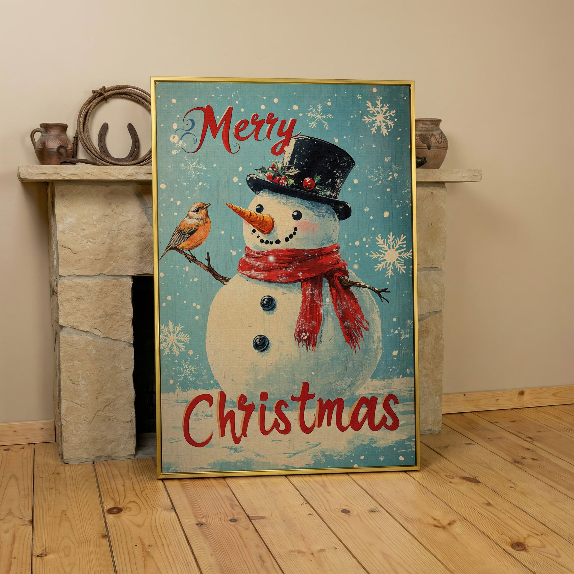 Festive Snowman with Bird Canvas Print in yellow gold floating frame