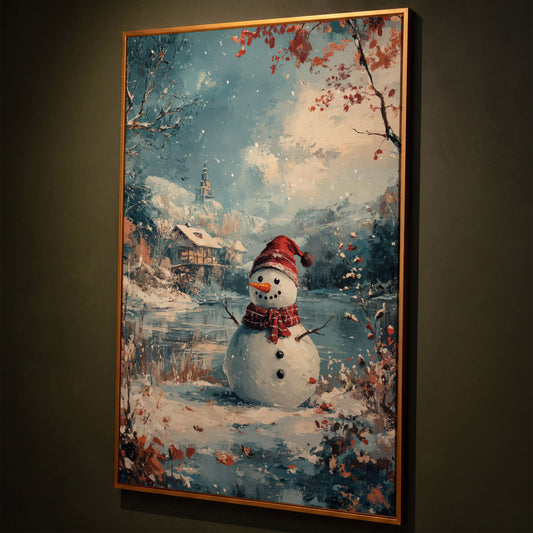 Festive Snowman by the Lake Winter Canvas shown in antique gold floating frame