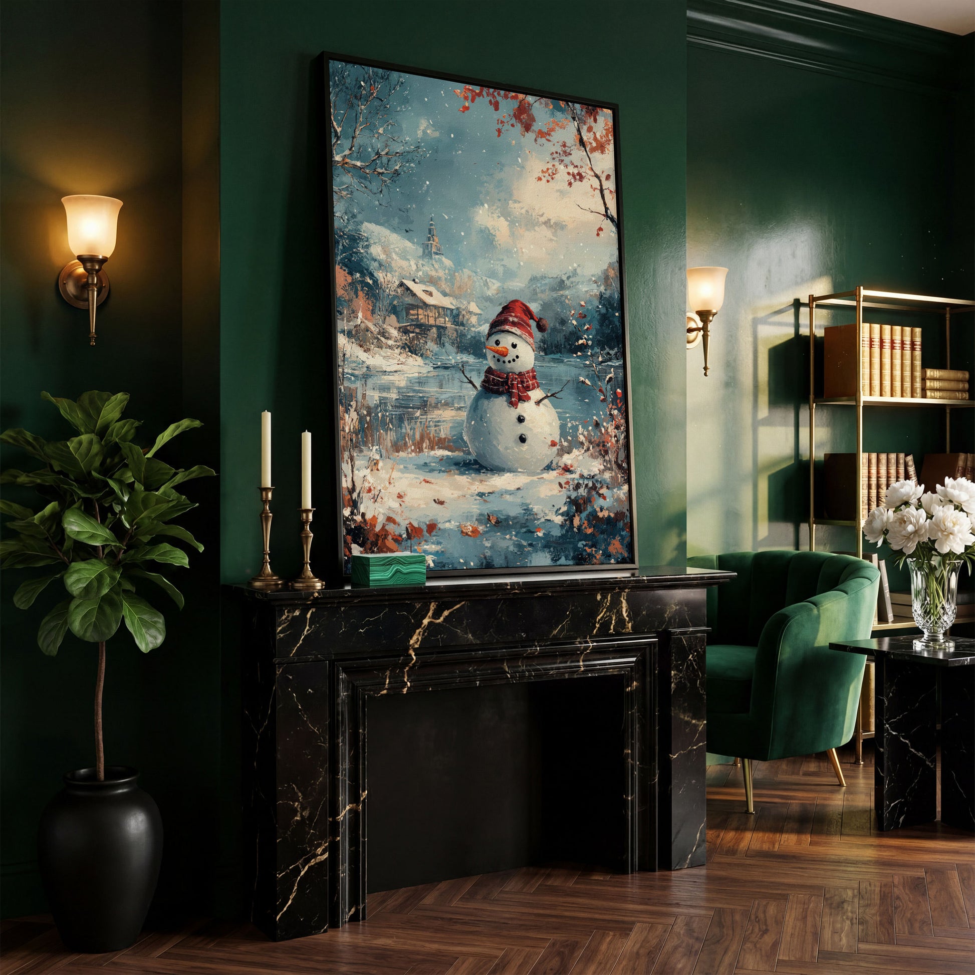 Festive Snowman by the Lake Winter Canvas in black floating frame