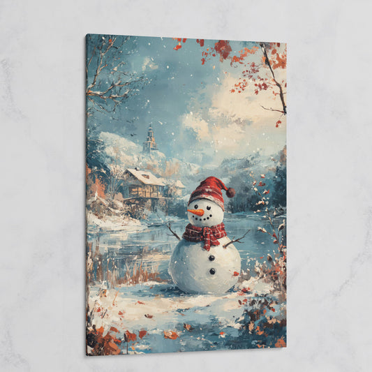 Festive Snowman by the Lake Winter Canvas on gallery wrap