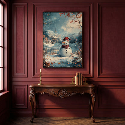 Festive Snowman by the Lake Winter Canvas in dark walnut floating frame