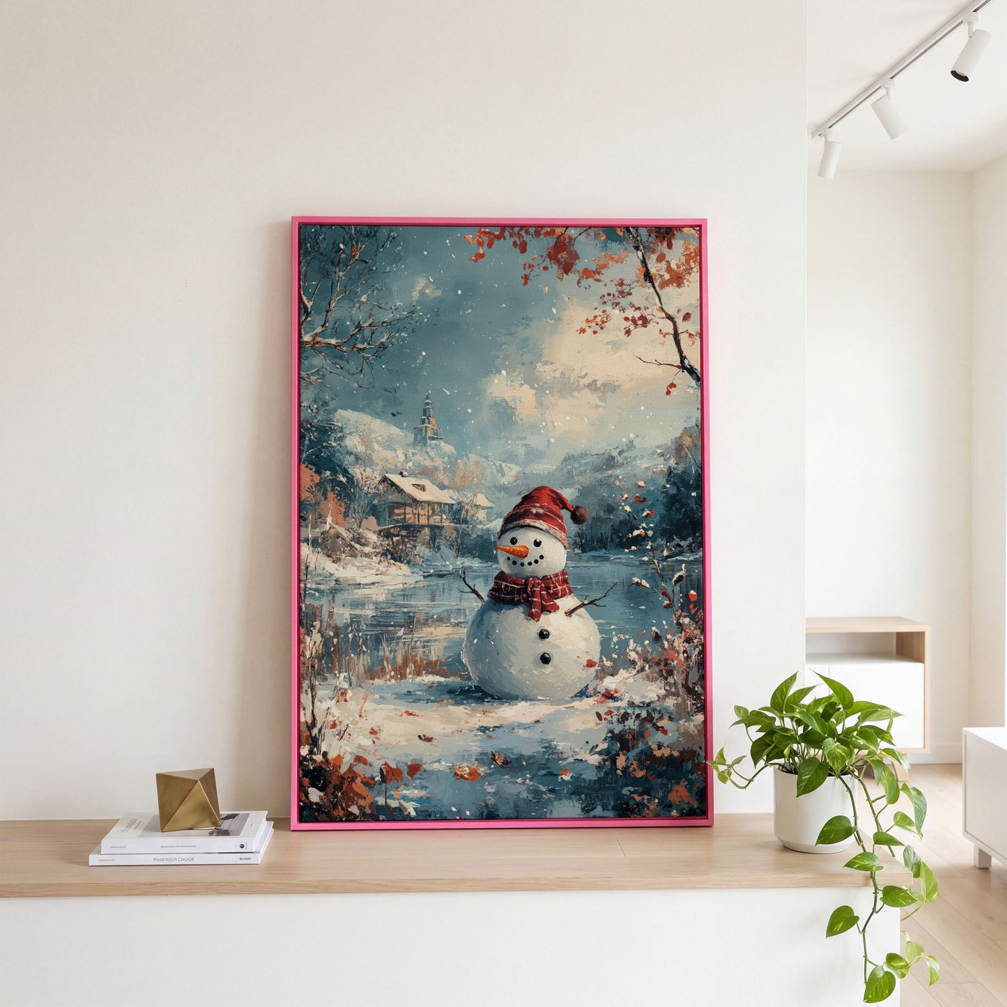 Festive Snowman by the Lake Winter Canvas in pink floating frame