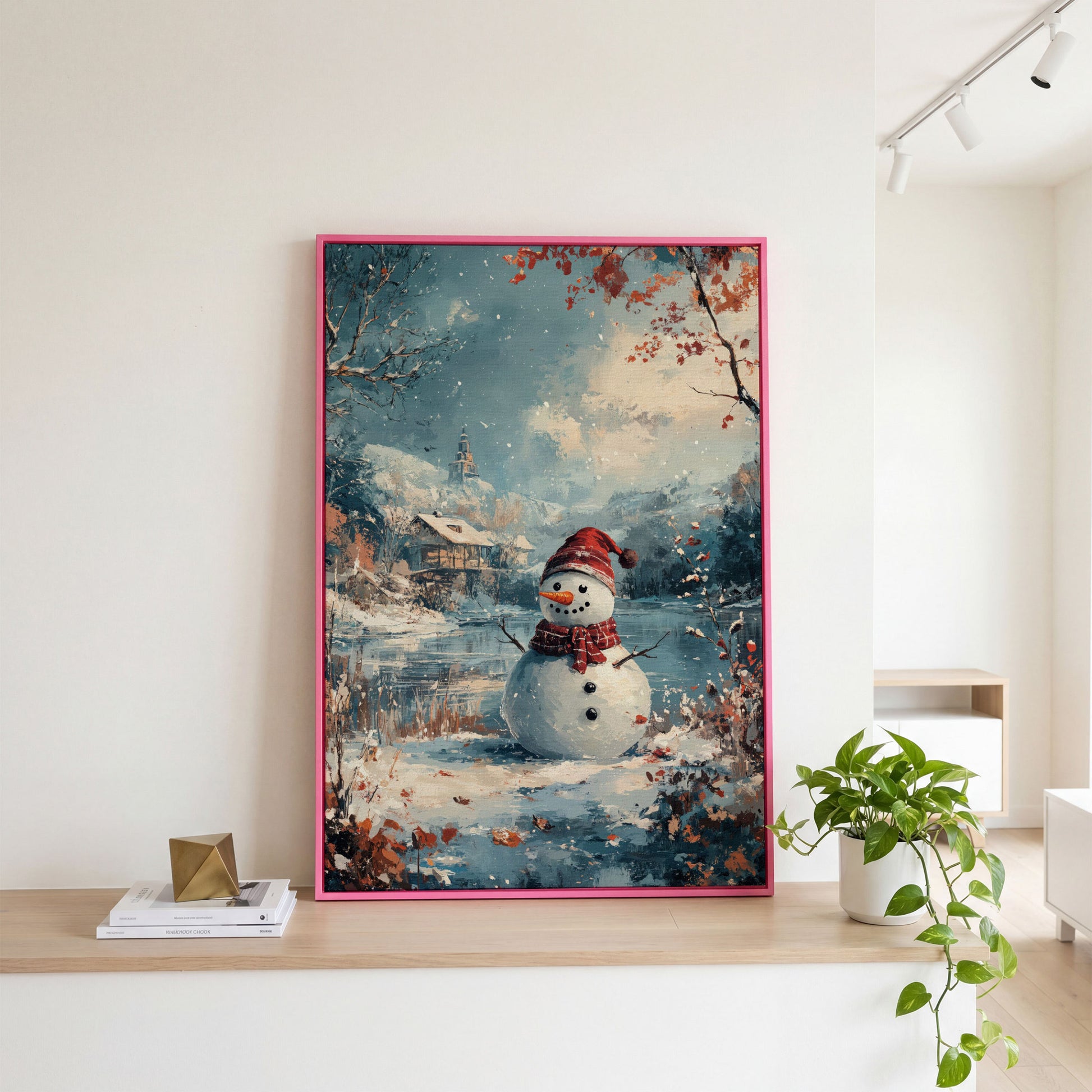 Festive Snowman by the Lake Winter Canvas in pink floating frame