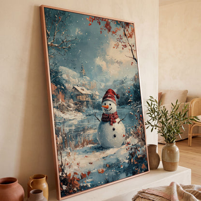 Festive Snowman by the Lake Winter Canvas in rose gold floating frame