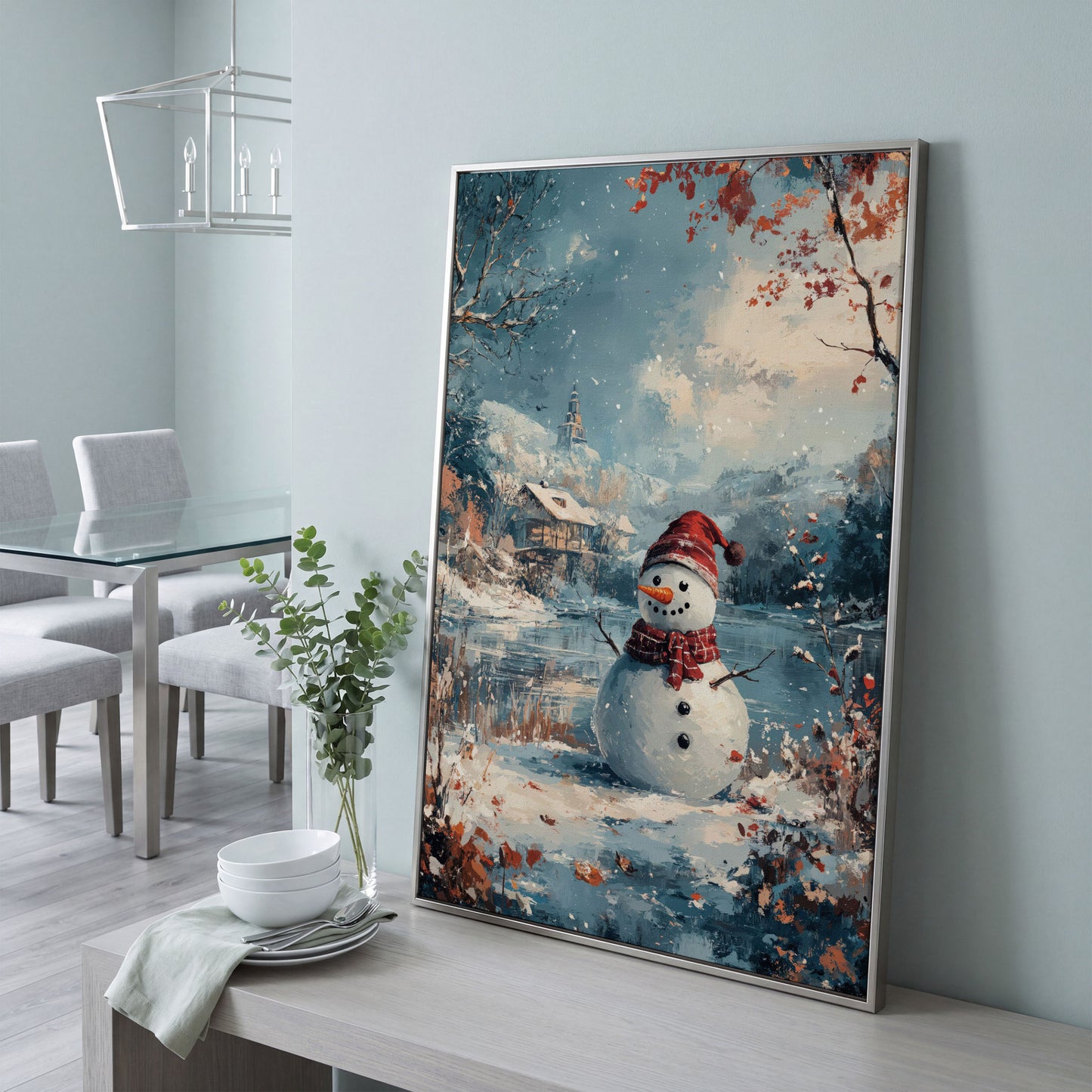Festive Snowman by the Lake Winter Canvas in silver floating frame