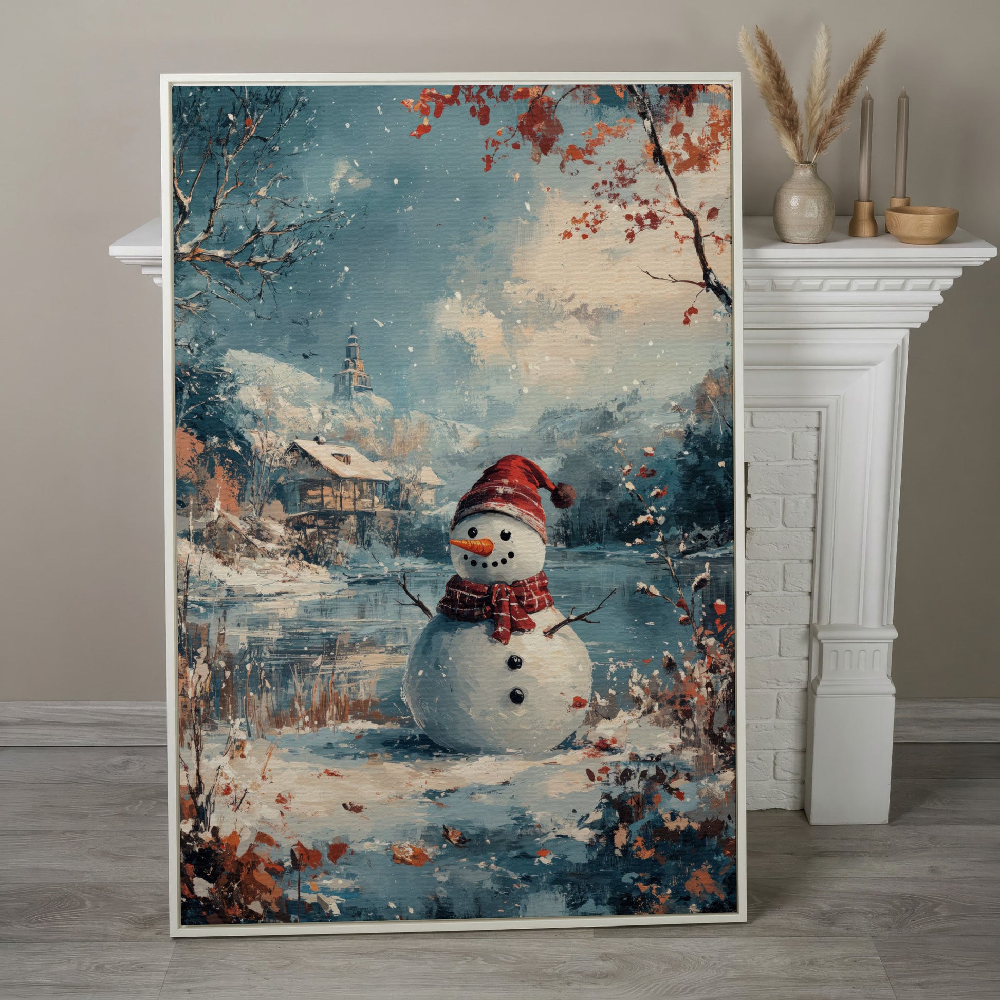 Festive Snowman by the Lake Winter Canvas in white floating frame