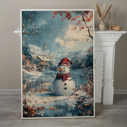Festive Snowman by the Lake Winter Canvas in white floating frame
