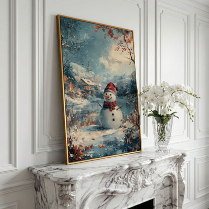 Festive Snowman by the Lake Winter Canvas in yellow gold floating frame