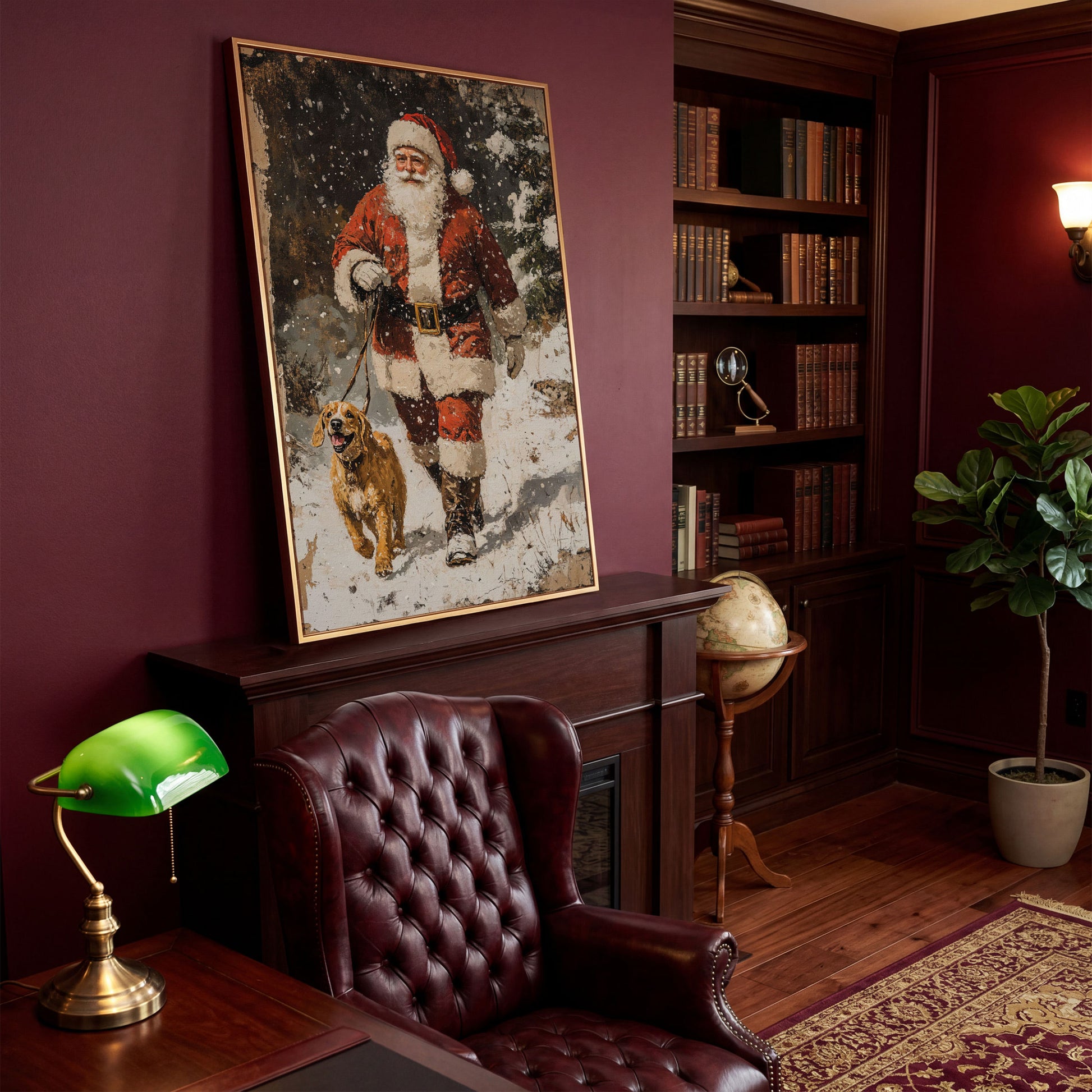 Santa and Golden Retriever Holiday Canvas in antique gold floating frame
