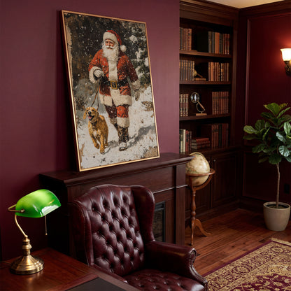 Santa and Golden Retriever Holiday Canvas in antique gold floating frame