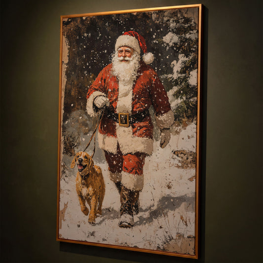 Santa and Golden Retriever Holiday Canvas shown in antique gold floating frame