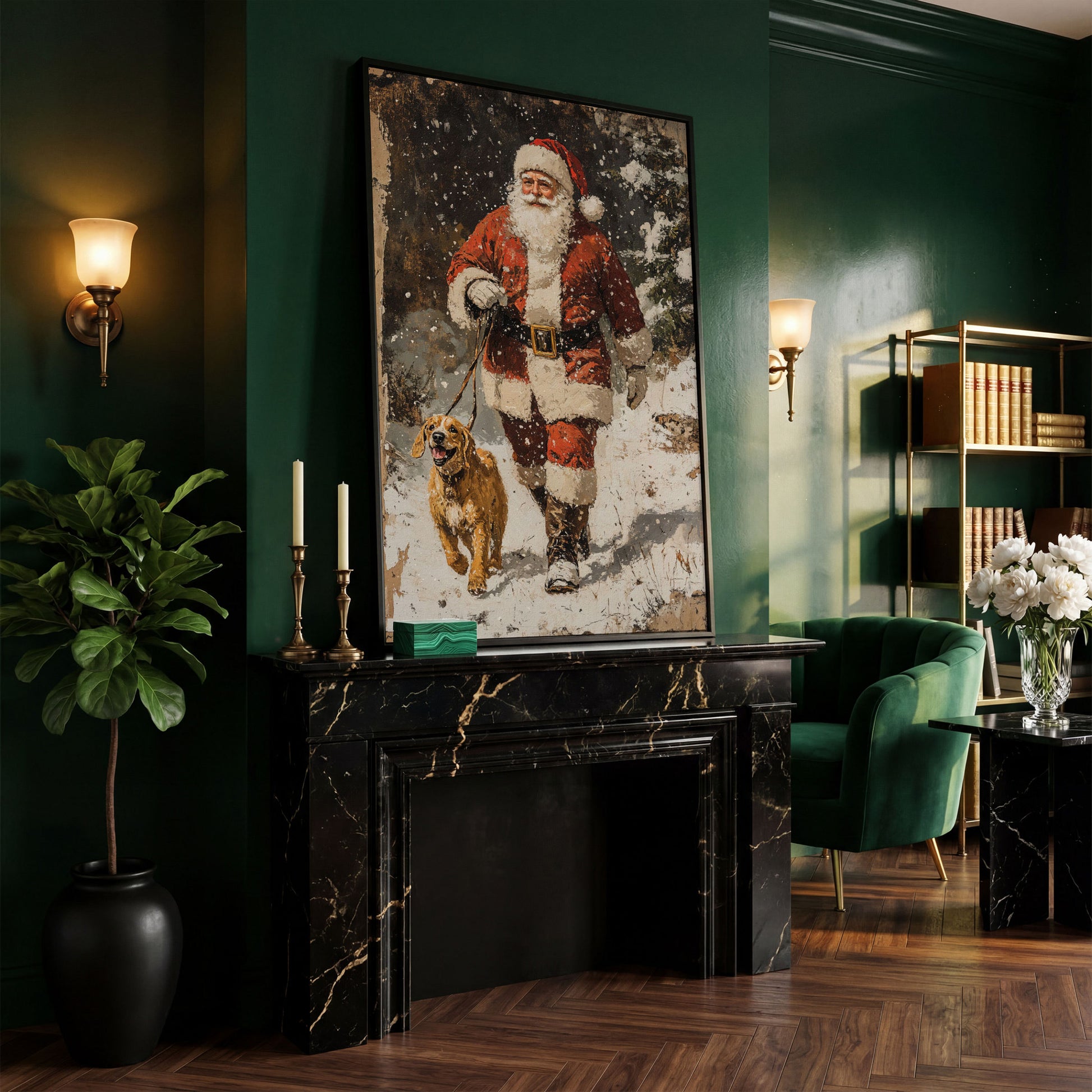 Santa and Golden Retriever Holiday Canvas in black floating frame