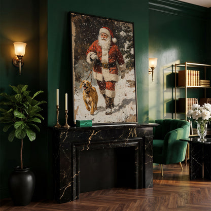 Santa and Golden Retriever Holiday Canvas in black floating frame