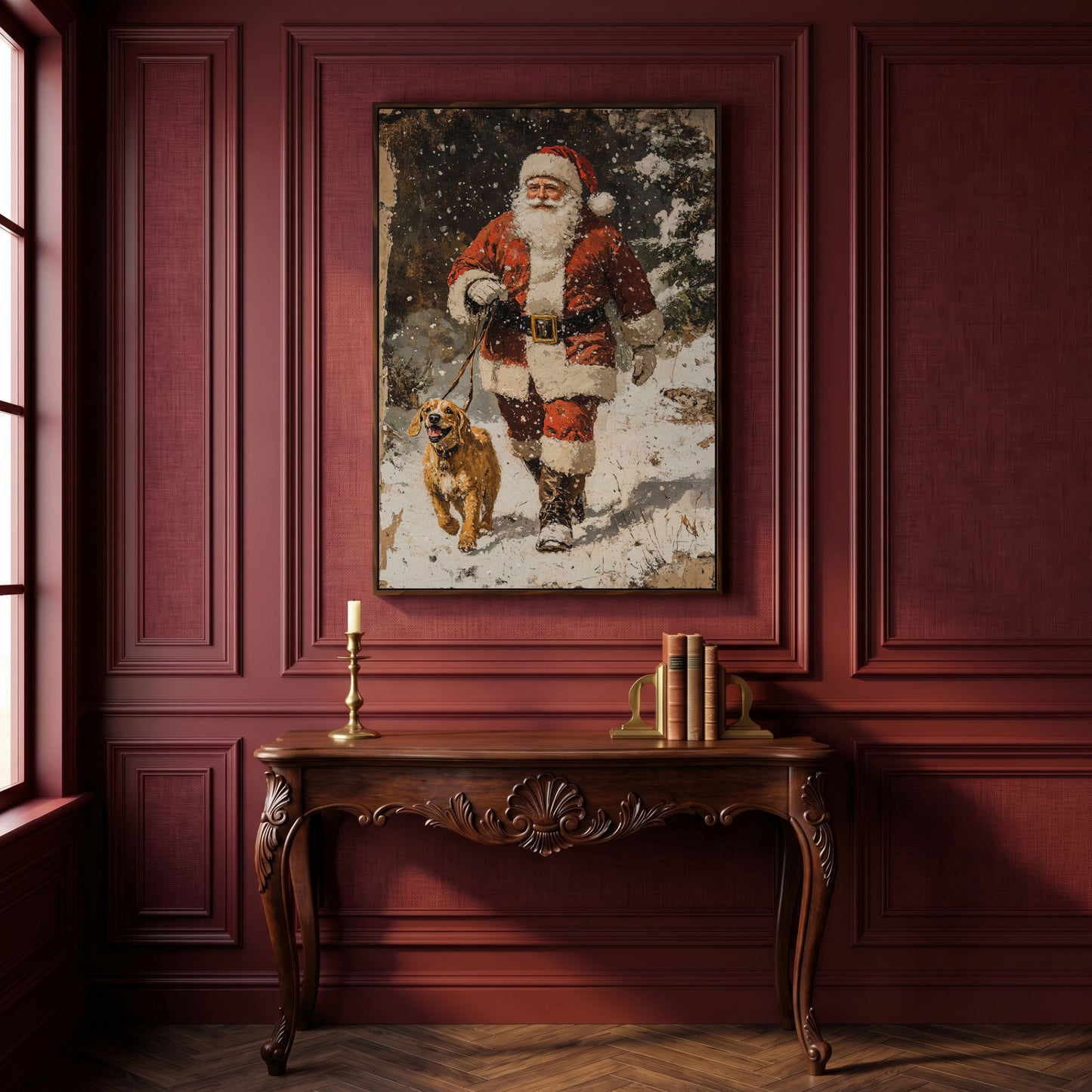 Santa and Golden Retriever Holiday Canvas in dark walnut floating frame