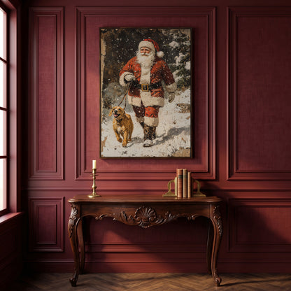 Santa and Golden Retriever Holiday Canvas in dark walnut floating frame