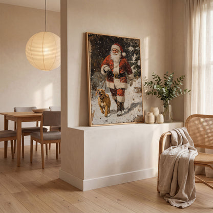 Santa and Golden Retriever Holiday Canvas in white oak floating frame