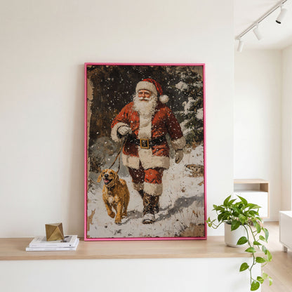 Santa and Golden Retriever Holiday Canvas in pink floating frame