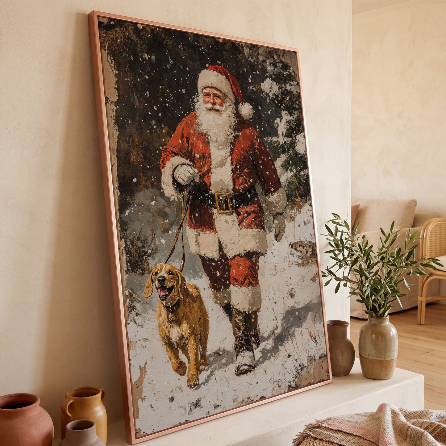 Santa and Golden Retriever Holiday Canvas in rose gold floating frame