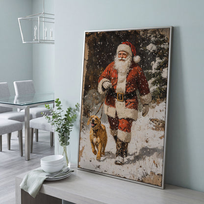 Santa and Golden Retriever Holiday Canvas in silver floating frame