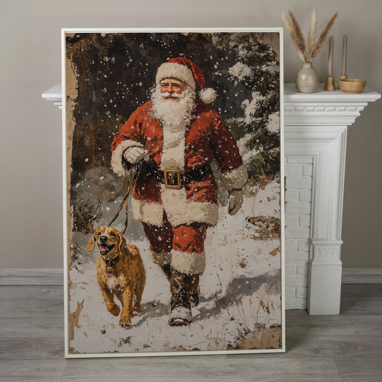 Santa and Golden Retriever Holiday Canvas in white floating frame