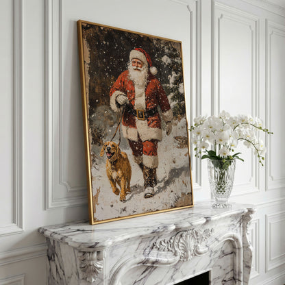 Santa and Golden Retriever Holiday Canvas in yellow gold floating frame