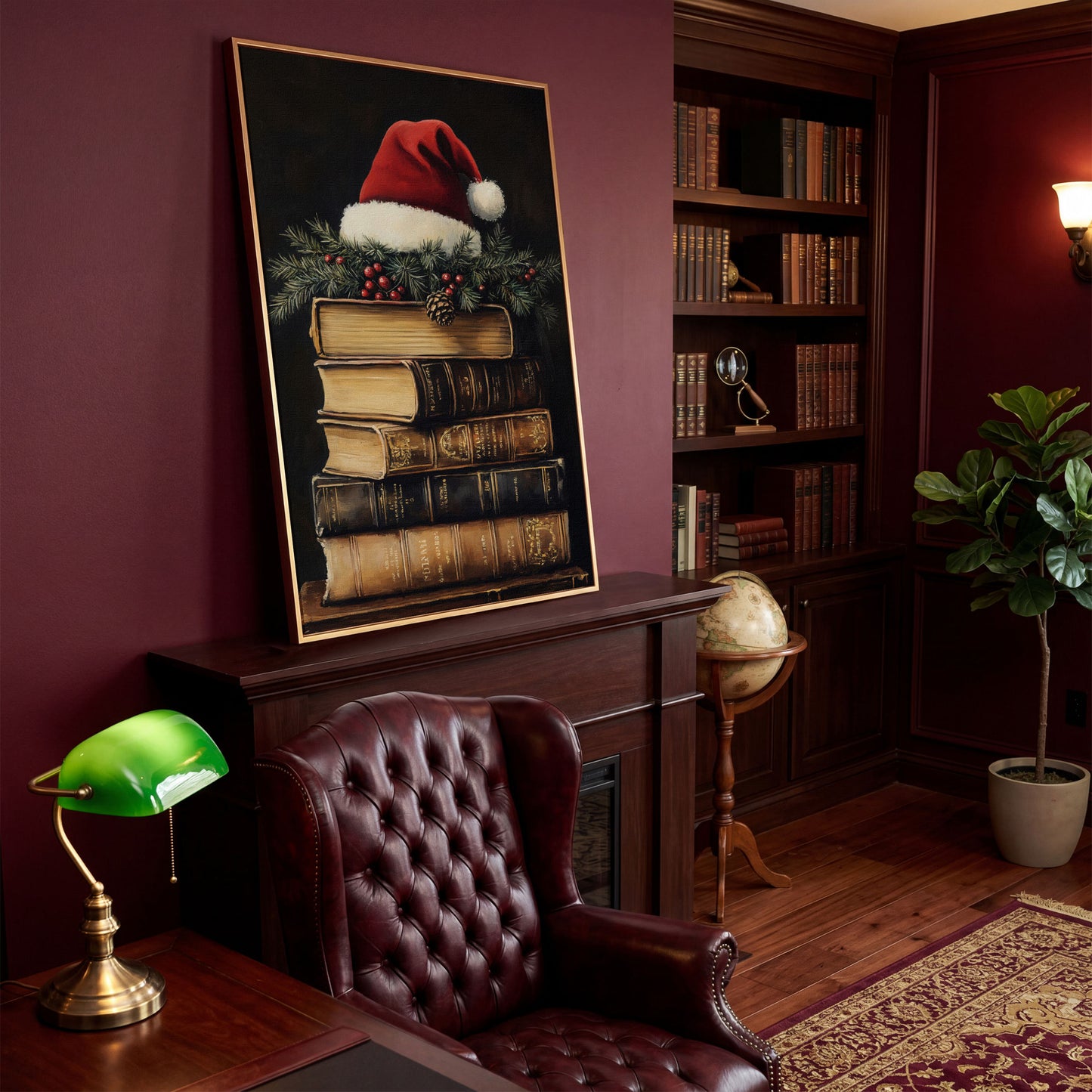 Festive Holiday Books with Santa Hat Canvas in antique gold floating frame