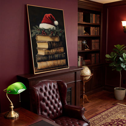 Festive Holiday Books with Santa Hat Canvas in antique gold floating frame