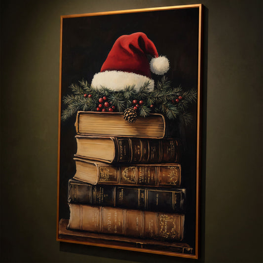 Festive Holiday Books with Santa Hat Canvas shown in antique gold floating frame