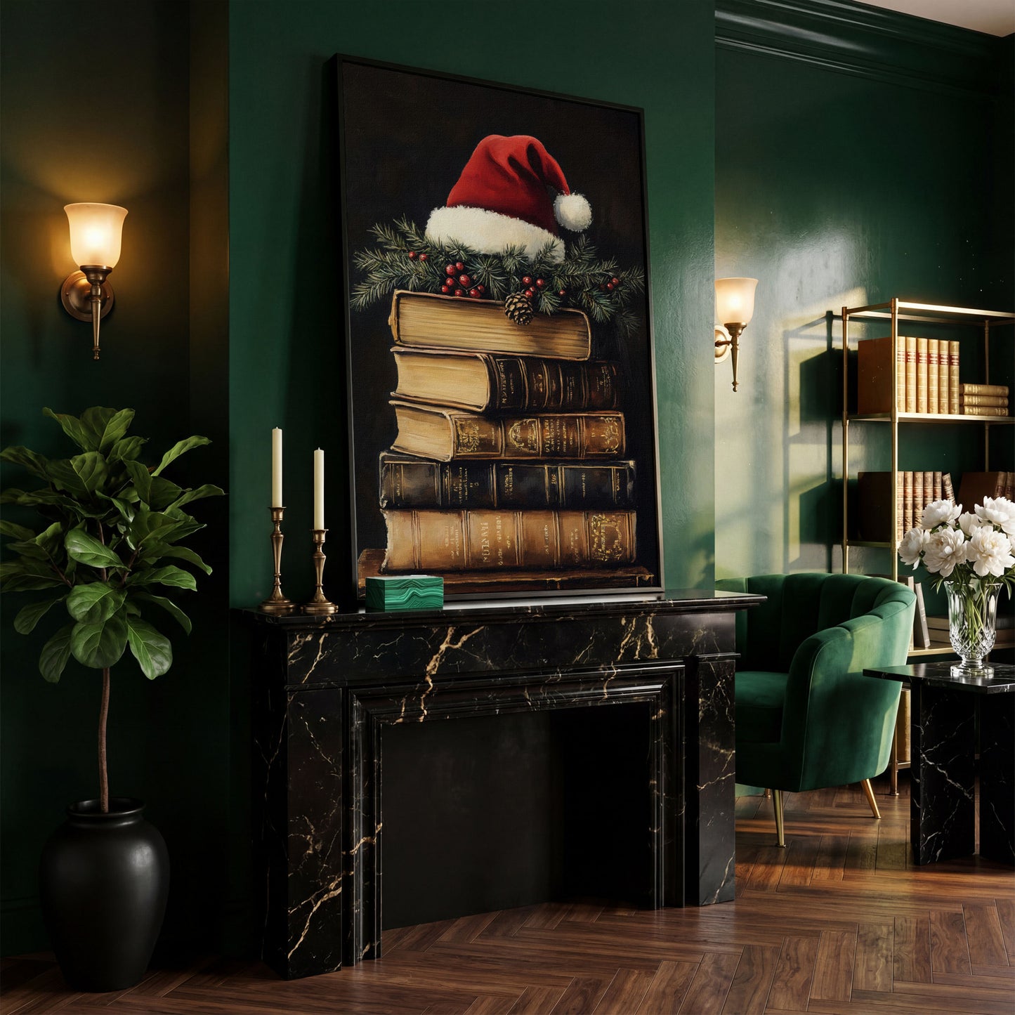 Festive Holiday Books with Santa Hat Canvas in black floating frame