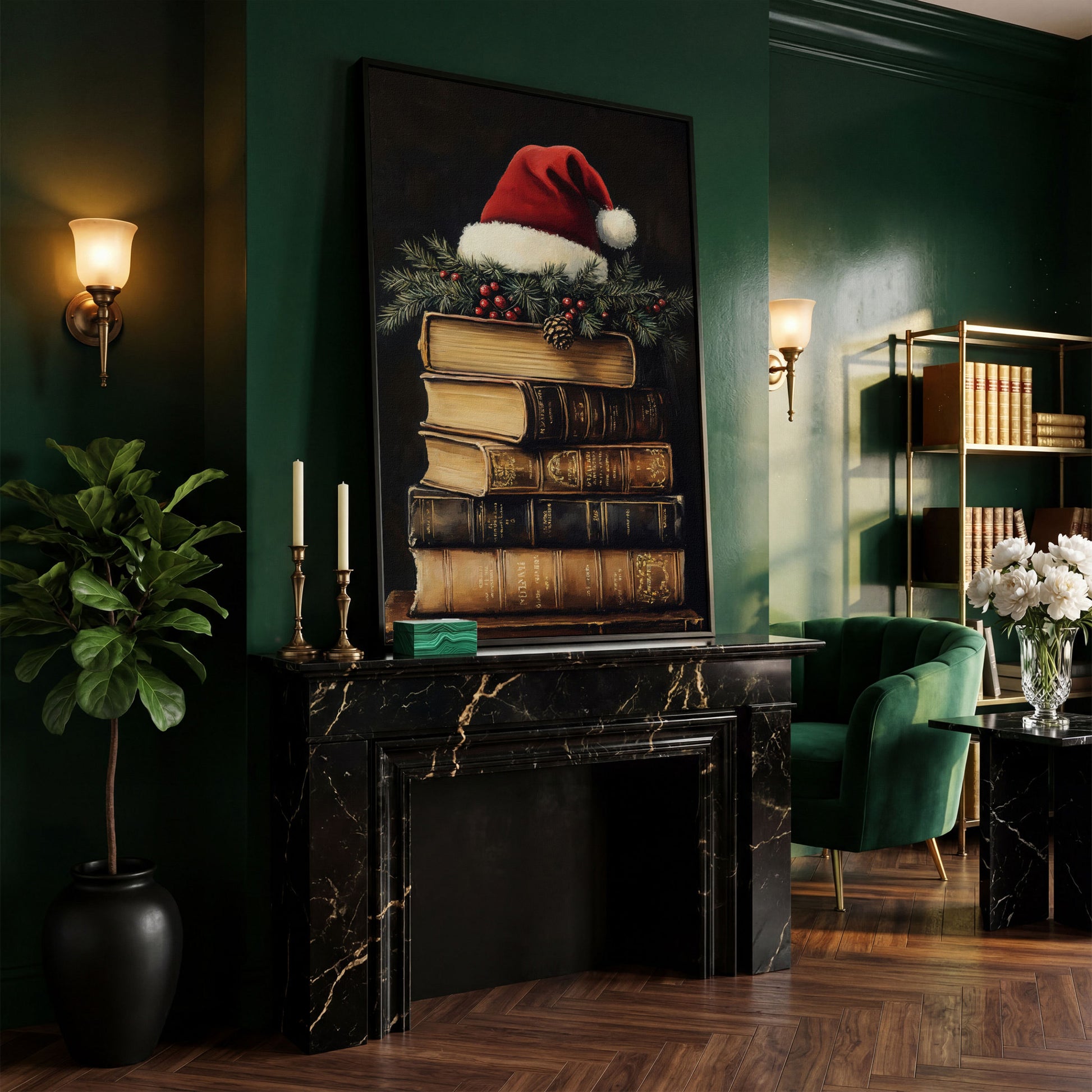 Festive Holiday Books with Santa Hat Canvas in black floating frame