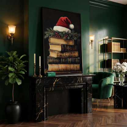 Festive Holiday Books with Santa Hat Canvas in black floating frame