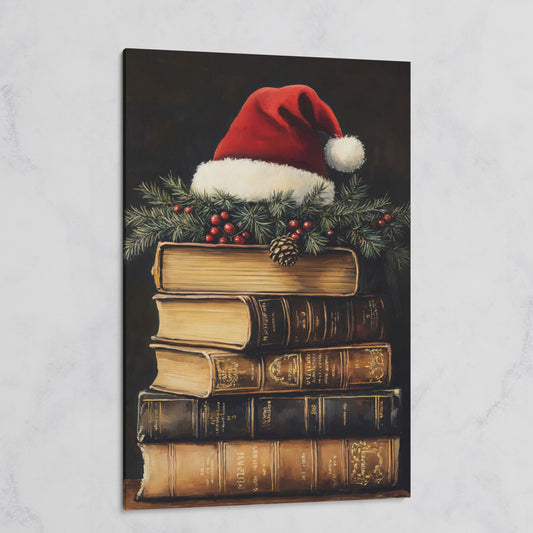Festive Holiday Books with Santa Hat Canvas on gallery wrap