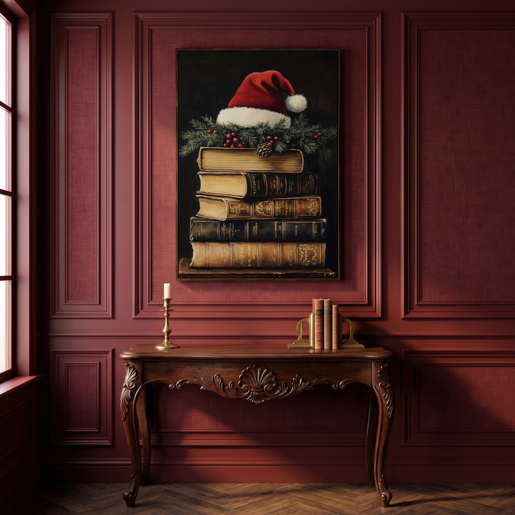 Festive Holiday Books with Santa Hat Canvas in dark walnut floating frame