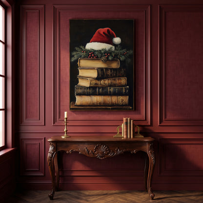 Festive Holiday Books with Santa Hat Canvas in dark walnut floating frame