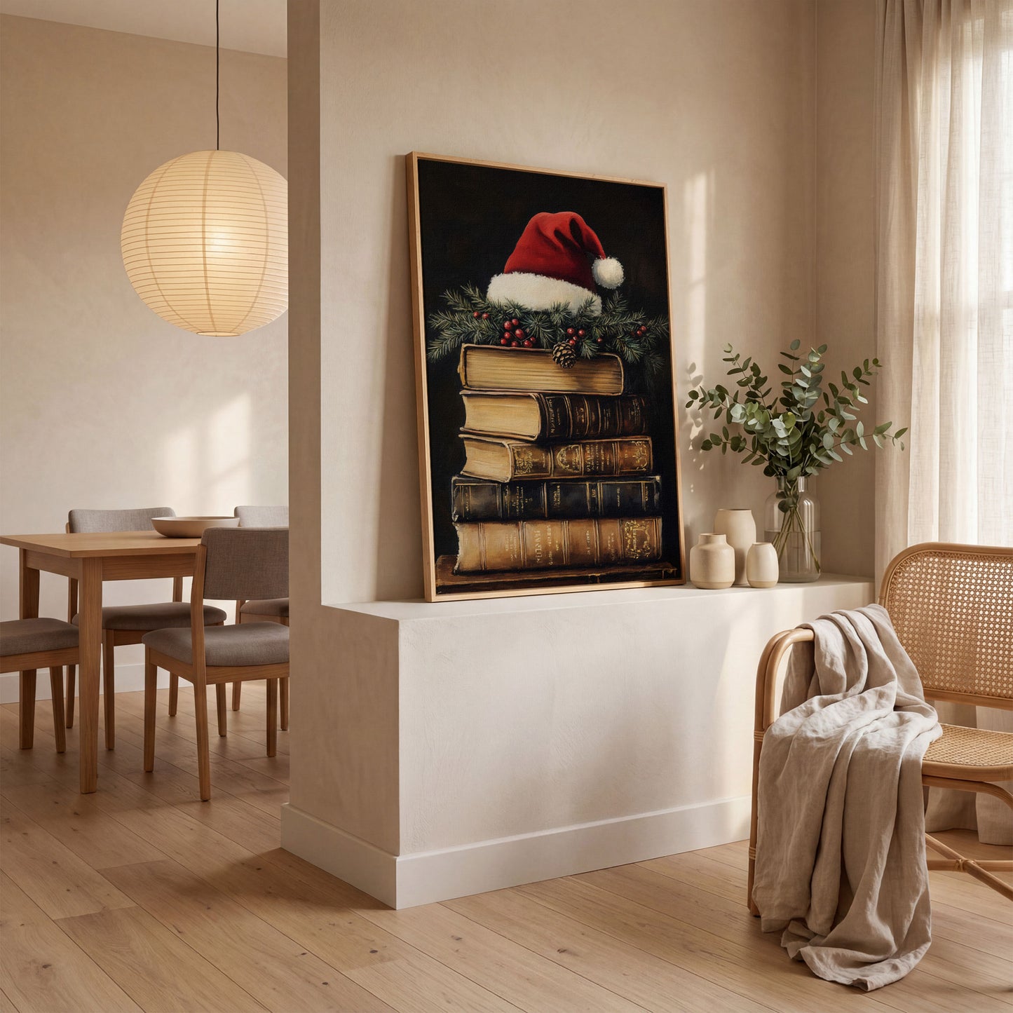 Festive Holiday Books with Santa Hat Canvas in white oak floating frame