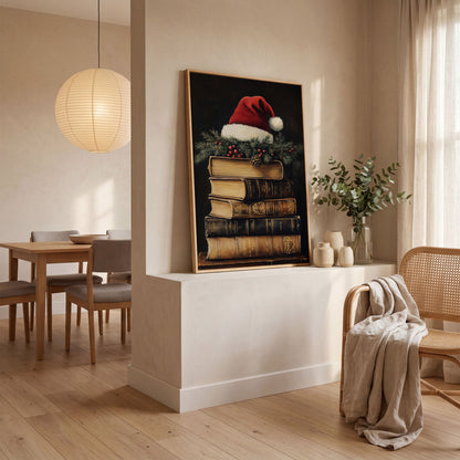 Festive Holiday Books with Santa Hat Canvas in white oak floating frame