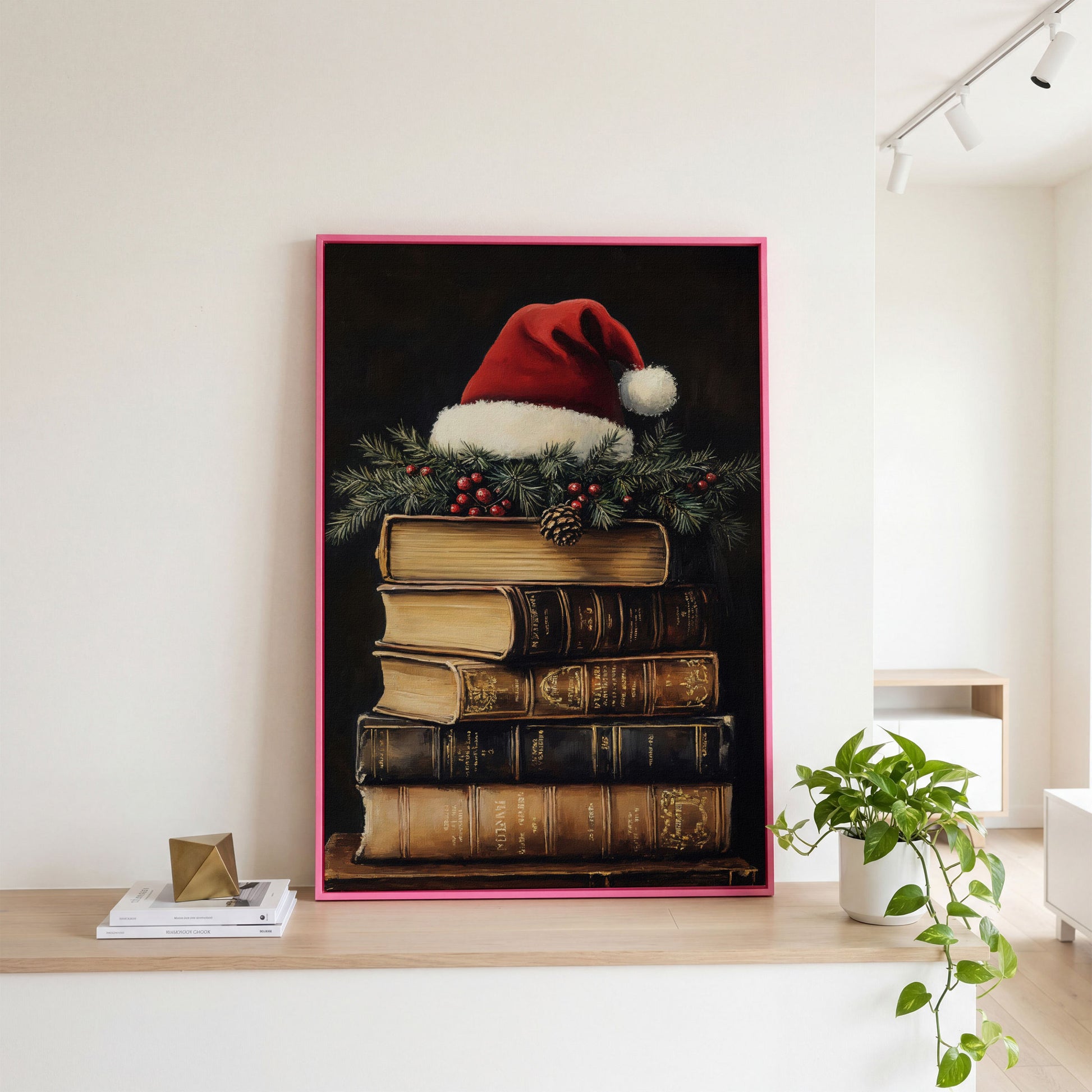 Festive Holiday Books with Santa Hat Canvas in pink floating frame