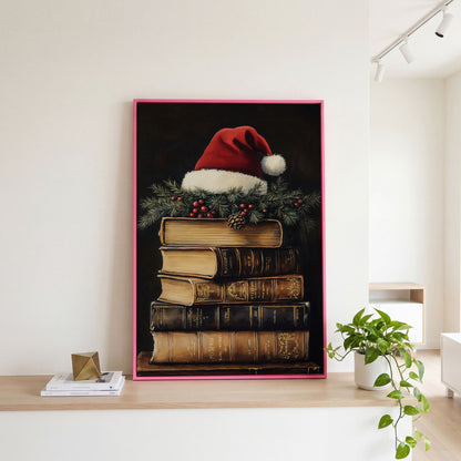 Festive Holiday Books with Santa Hat Canvas in pink floating frame