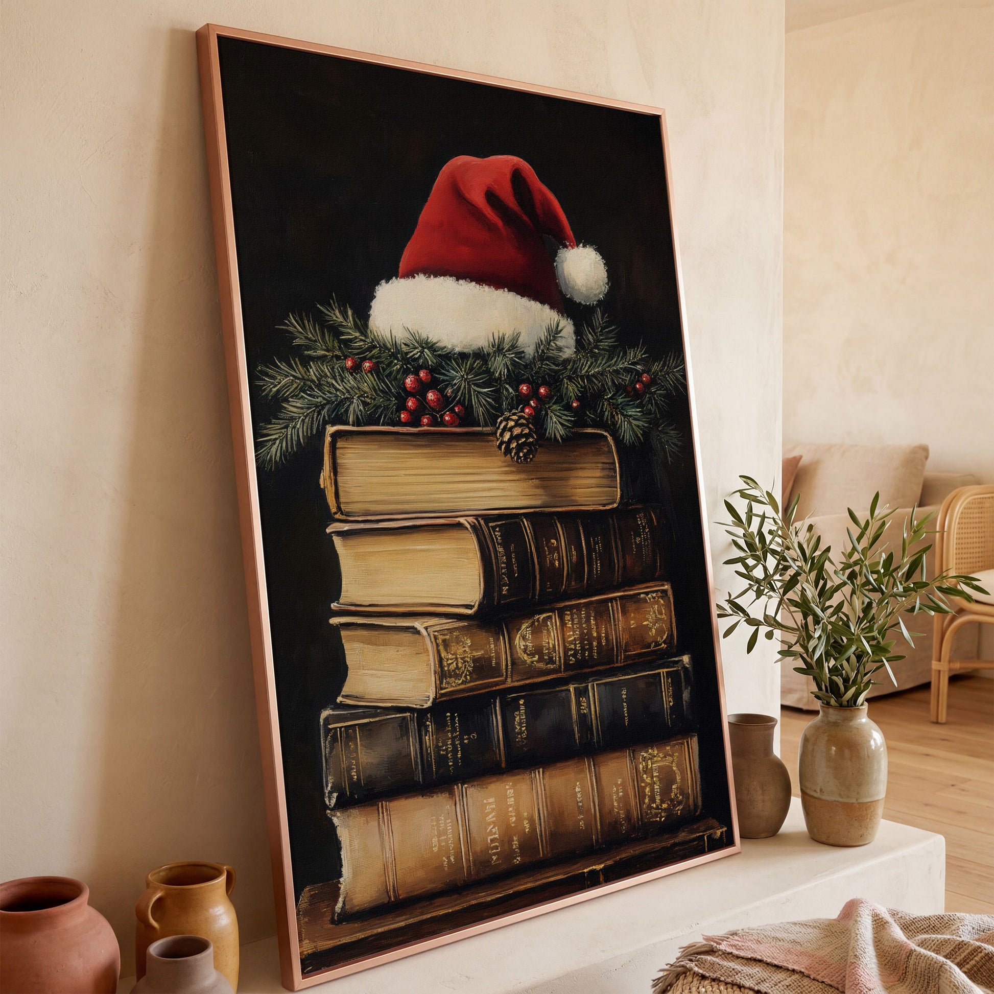 Festive Holiday Books with Santa Hat Canvas in rose gold floating frame