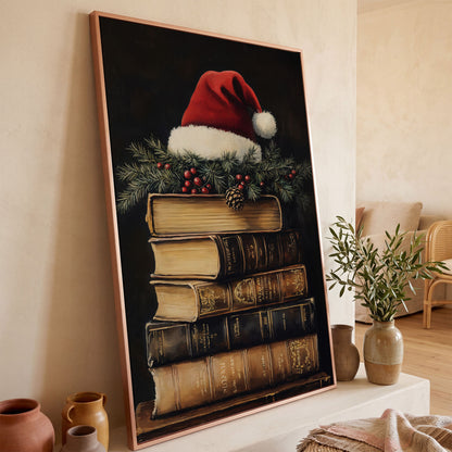 Festive Holiday Books with Santa Hat Canvas in rose gold floating frame