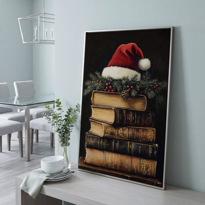 Festive Holiday Books with Santa Hat Canvas in silver floating frame