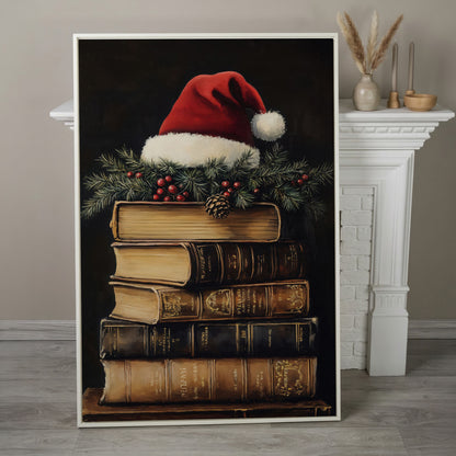 Festive Holiday Books with Santa Hat Canvas in white floating frame